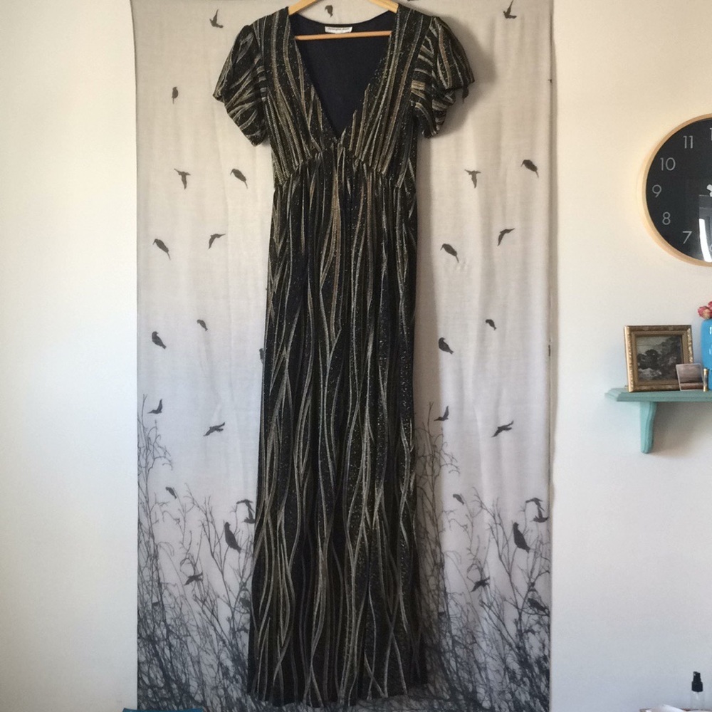 Deep V Christopher Deane Black+Gold Maxi Dress